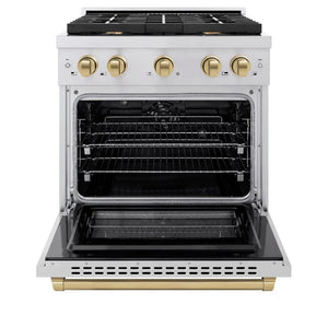 ZLINE Autograph Edition 30 in. 4.2 cu. ft. Paramount Dual Fuel Range with 4 Burner Gas Cooktop and Electric Convection Oven in Stainless Steel with Champagne Bronze Accents (SDRZ-30-CB) front, open.