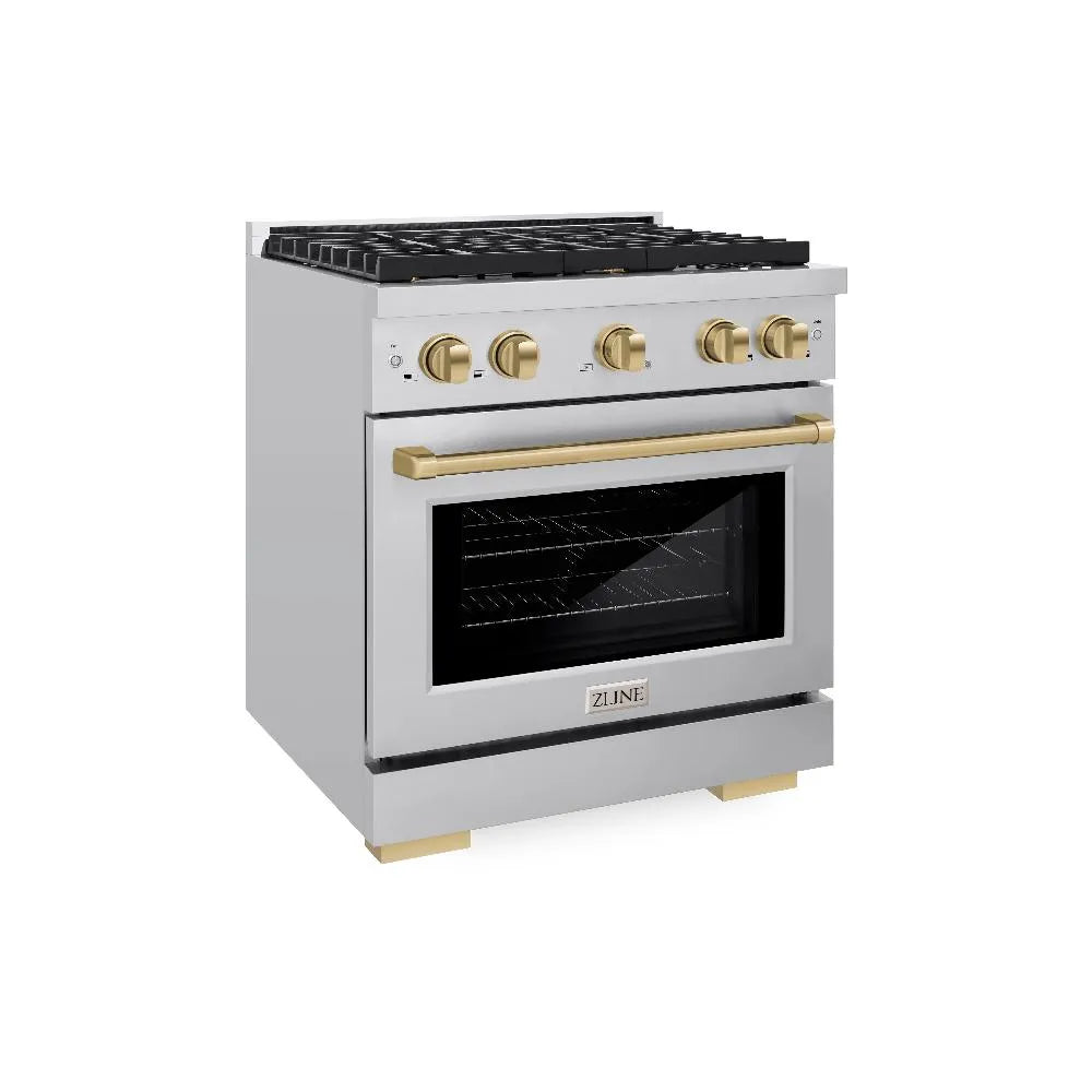 ZLINE Autograph Edition 30 in. 4.2 cu. ft. Paramount Dual Fuel Range with 4 Burner Gas Cooktop and Electric Convection Oven in Stainless Steel with Champagne Bronze Accents (SDRZ-30-CB) main image.