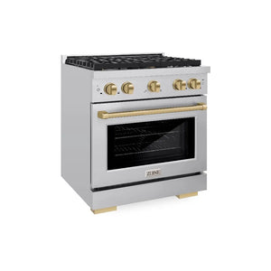 ZLINE Autograph Edition 30 in. 4.2 cu. ft. Paramount Dual Fuel Range with 4 Burner Gas Cooktop and Electric Convection Oven in Stainless Steel with Champagne Bronze Accents (SDRZ-30-CB) main image.