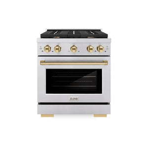 ZLINE Autograph Edition 30 in. 4.2 cu. ft. Paramount Dual Fuel Range with 4 Burner Gas Cooktop and Electric Convection Oven in Stainless Steel with Polished Gold Accents (SDRZ-30-G) front, oven closed.