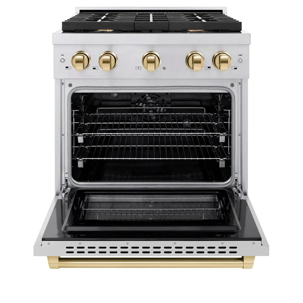 ZLINE Autograph Edition 30 in. 4.2 cu. ft. Paramount Dual Fuel Range with 4 Burner Gas Cooktop and Electric Convection Oven in Stainless Steel with Polished Gold Accents (SDRZ-30-G) front, open.