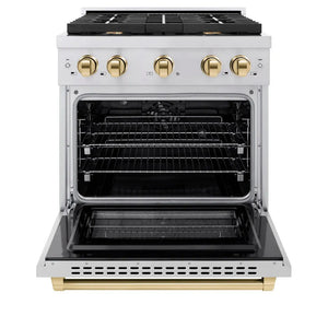 ZLINE Autograph Edition 30 in. 4.2 cu. ft. Paramount Dual Fuel Range with 4 Burner Gas Cooktop and Electric Convection Oven in Stainless Steel with Polished Gold Accents (SDRZ-30-G) front, open.