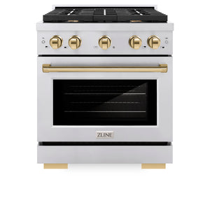 ZLINE Autograph Edition 30 in. 4.2 cu. ft. Paramount Dual Fuel Range with 4 Burner Gas Cooktop and Electric Convection Oven in Stainless Steel with Polished Gold Accents (SDRZ-30-G) front, oven closed.