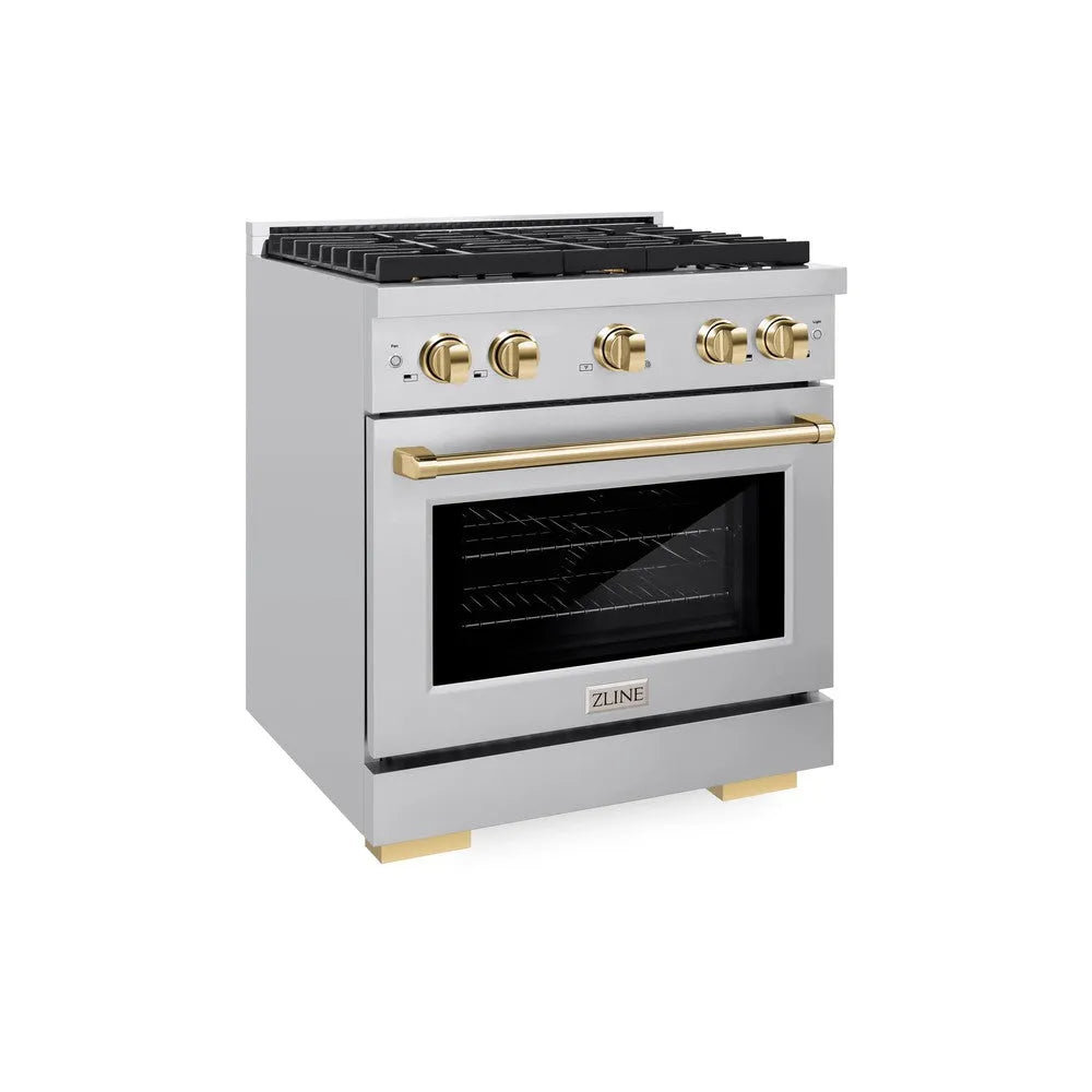ZLINE Autograph Edition 30 in. 4.2 cu. ft. Paramount Dual Fuel Range with 4 Burner Gas Cooktop and Electric Convection Oven in Stainless Steel with Polished Gold Accents (SDRZ-30-G) main image.