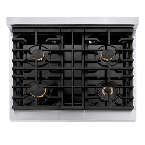 ZLINE Autograph Edition 30 in. 4.2 cu. ft. Paramount Dual Fuel Range with 4 Burner Gas Cooktop and Electric Convection Oven in Stainless Steel with Polished Gold Accents (SDRZ-30-G) top-down, above cooktop.