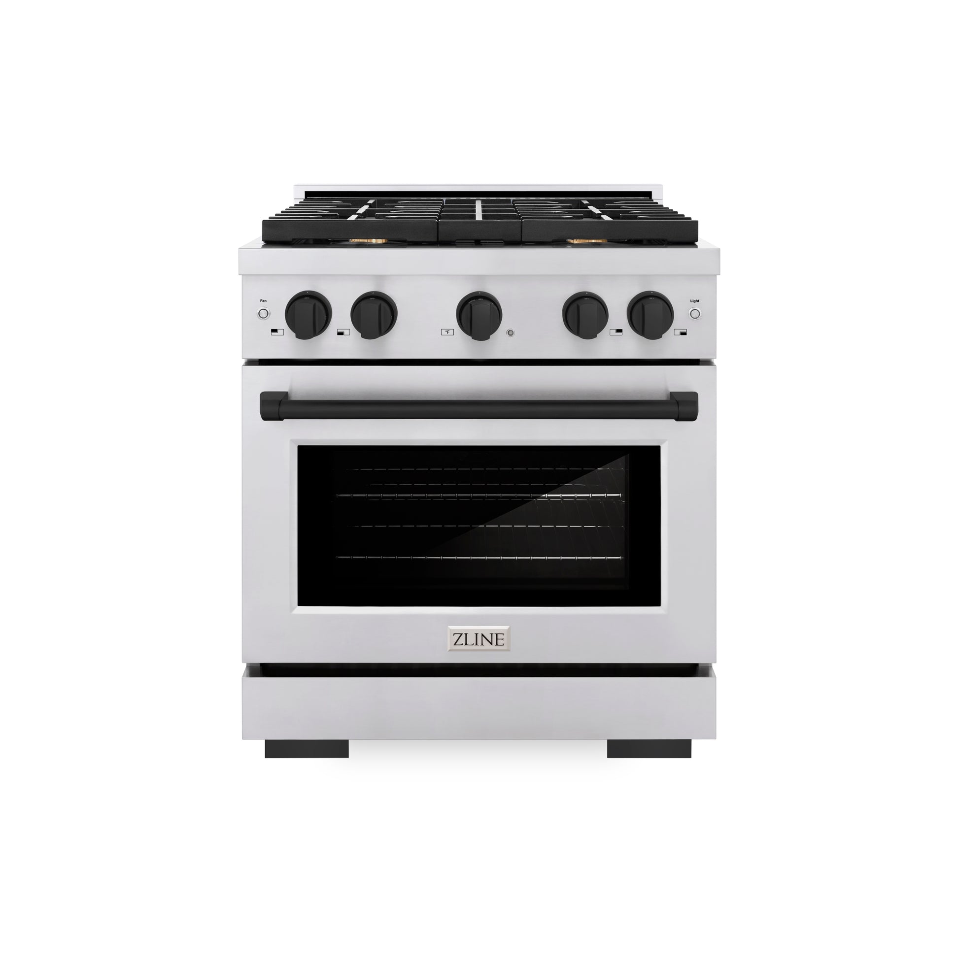 ZLINE Autograph Edition 30 in. 4.2 cu. ft. Paramount Dual Fuel Range with 4 Burner Gas Cooktop and Electric Convection Oven in Stainless Steel with Matte Black Accents (SDRZ-30-MB) front, oven closed.