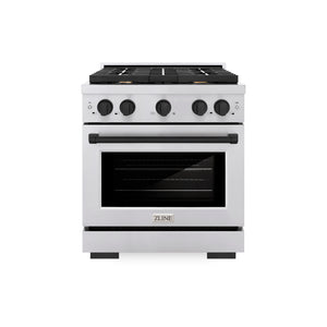 ZLINE Autograph Edition 30 in. 4.2 cu. ft. Paramount Dual Fuel Range with 4 Burner Gas Cooktop and Electric Convection Oven in Stainless Steel with Matte Black Accents (SDRZ-30-MB) front, oven closed.