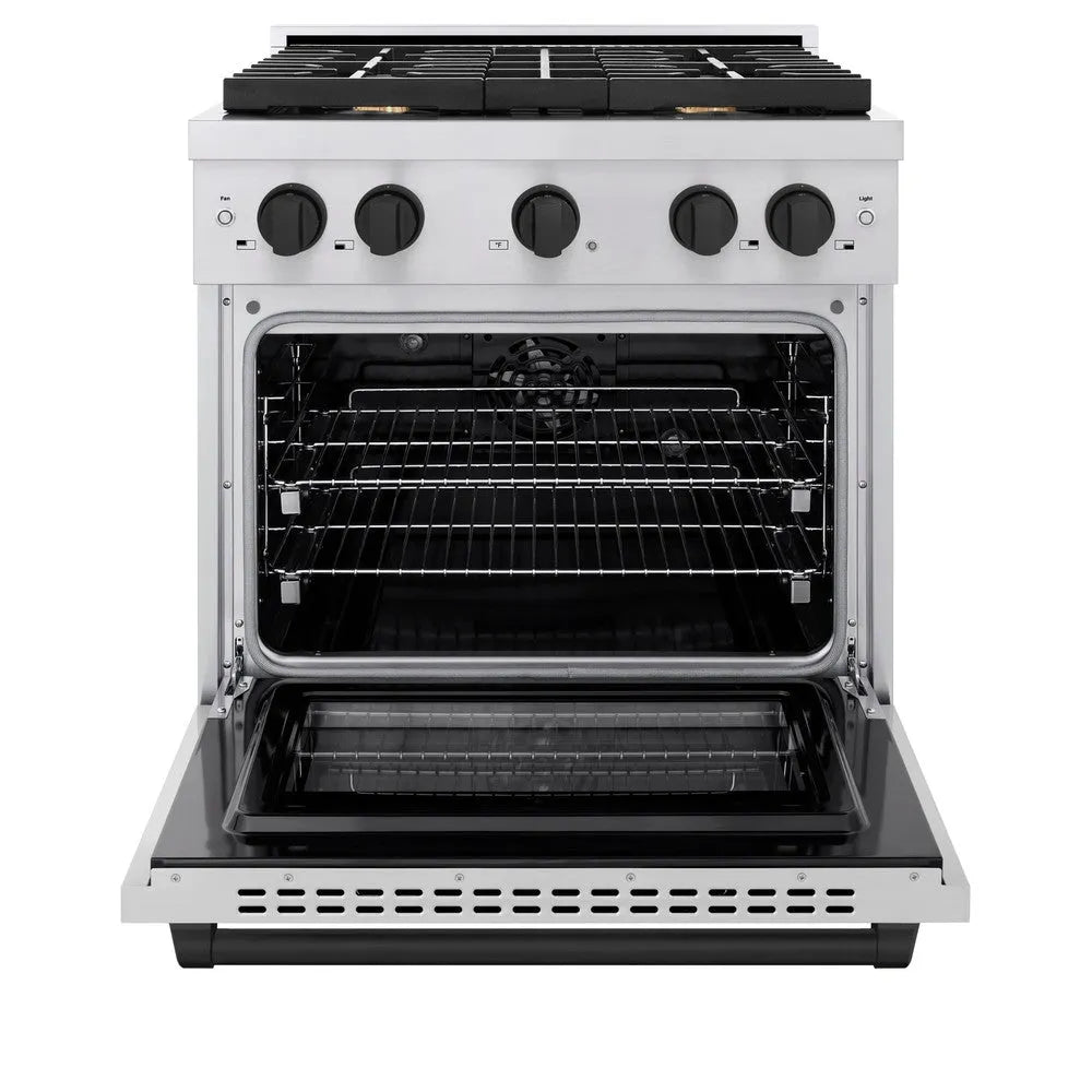 ZLINE Autograph Edition 30 in. 4.2 cu. ft. Paramount Dual Fuel Range with 4 Burner Gas Cooktop and Electric Convection Oven in Stainless Steel with Matte Black Accents (SDRZ-30-MB) front, open.