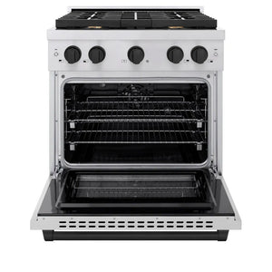 ZLINE Autograph Edition 30 in. 4.2 cu. ft. Paramount Dual Fuel Range with 4 Burner Gas Cooktop and Electric Convection Oven in Stainless Steel with Matte Black Accents (SDRZ-30-MB) front, open.