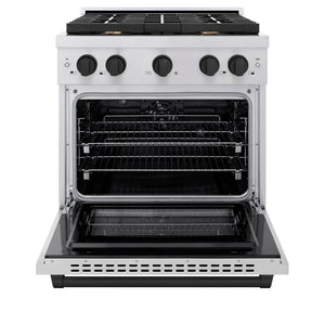 ZLINE Autograph Edition 30 in. 4.2 cu. ft. Paramount Dual Fuel Range with 4 Burner Gas Cooktop and Electric Convection Oven in Stainless Steel with Matte Black Accents (SDRZ-30-MB) front, oven open.