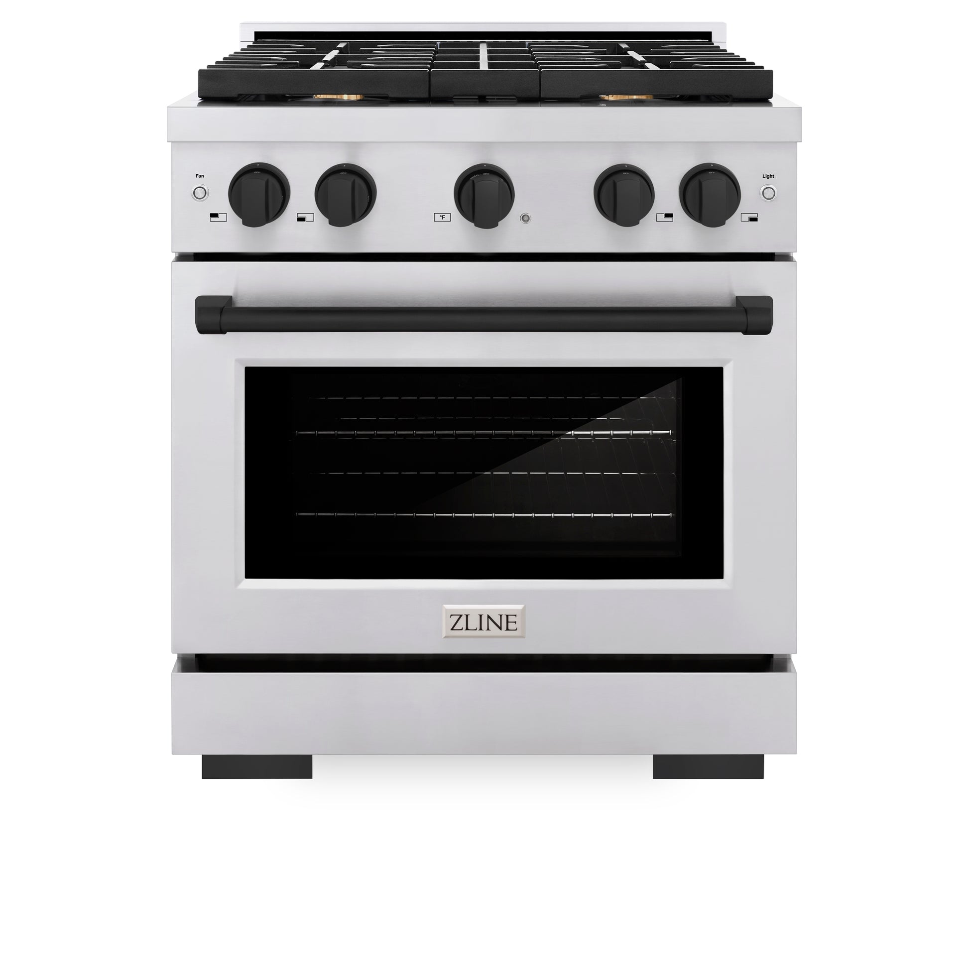 ZLINE Autograph Edition 30 in. 4.2 cu. ft. Paramount Dual Fuel Range with 4 Burner Gas Cooktop and Electric Convection Oven in Stainless Steel with Matte Black Accents (SDRZ-30-MB) front, oven closed.