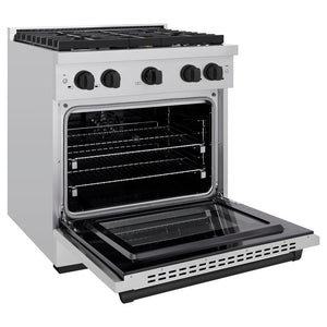 ZLINE Autograph Edition 30 in. 4.2 cu. ft. Paramount Dual Fuel Range with 4 Burner Gas Cooktop and Electric Convection Oven in Stainless Steel with Matte Black Accents (SDRZ-30-MB) side, oven open.