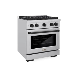 ZLINE Autograph Edition 30 in. 4.2 cu. ft. Paramount Dual Fuel Range with 4 Burner Gas Cooktop and Electric Convection Oven in Stainless Steel with Matte Black Accents (SDRZ-30-MB) main image.