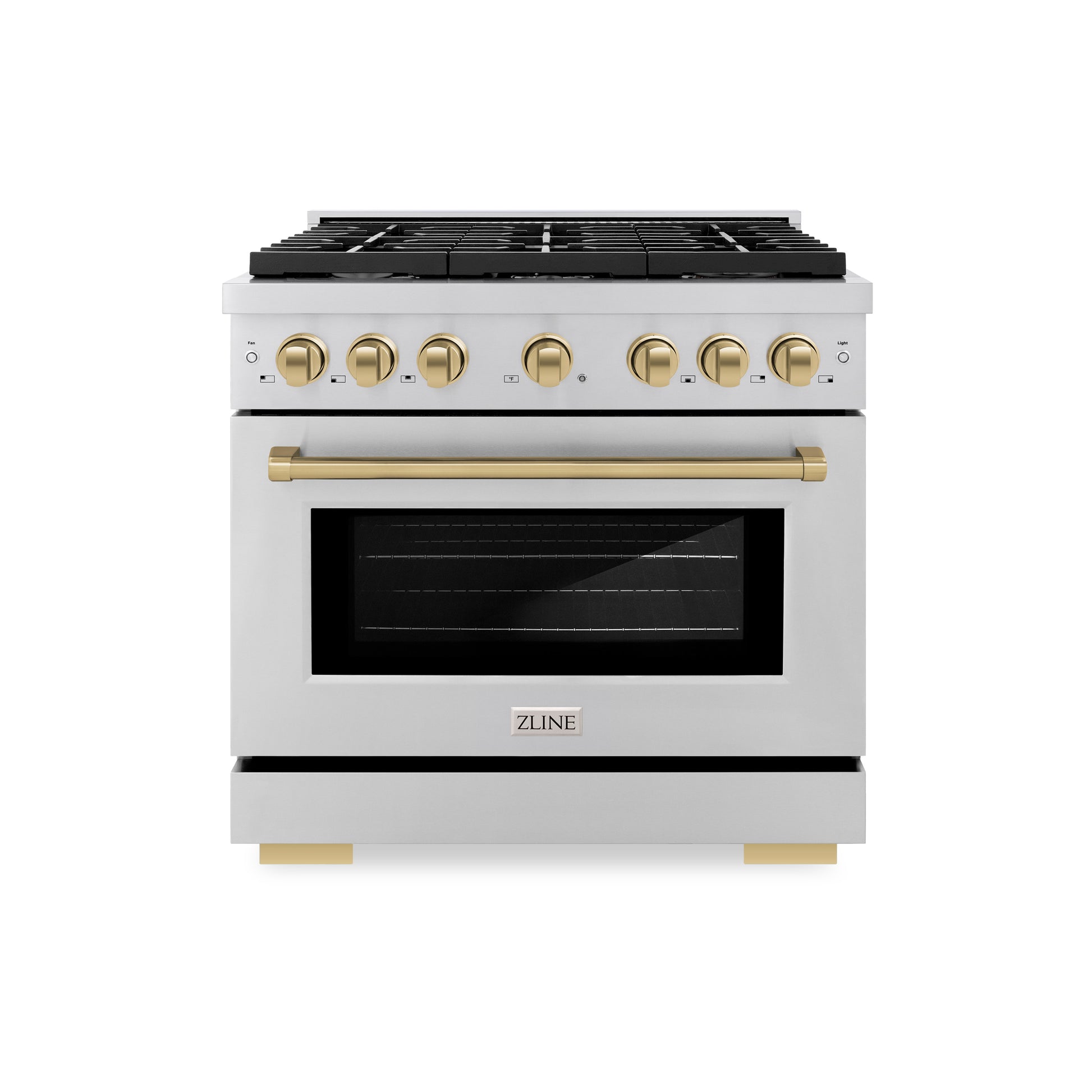 ZLINE Autograph Edition 36 in. 5.2 cu. ft. Paramount Dual Fuel Range with 6 Burner Gas Cooktop and Electric Convection Oven in Stainless Steel with Champagne Bronze Accents (SDRZ-36-CB) front.