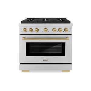 ZLINE Autograph Edition 36 in. 5.2 cu. ft. Paramount Dual Fuel Range with 6 Burner Gas Cooktop and Electric Convection Oven in Stainless Steel with Champagne Bronze Accents (SDRZ-36-CB) front, oven closed.