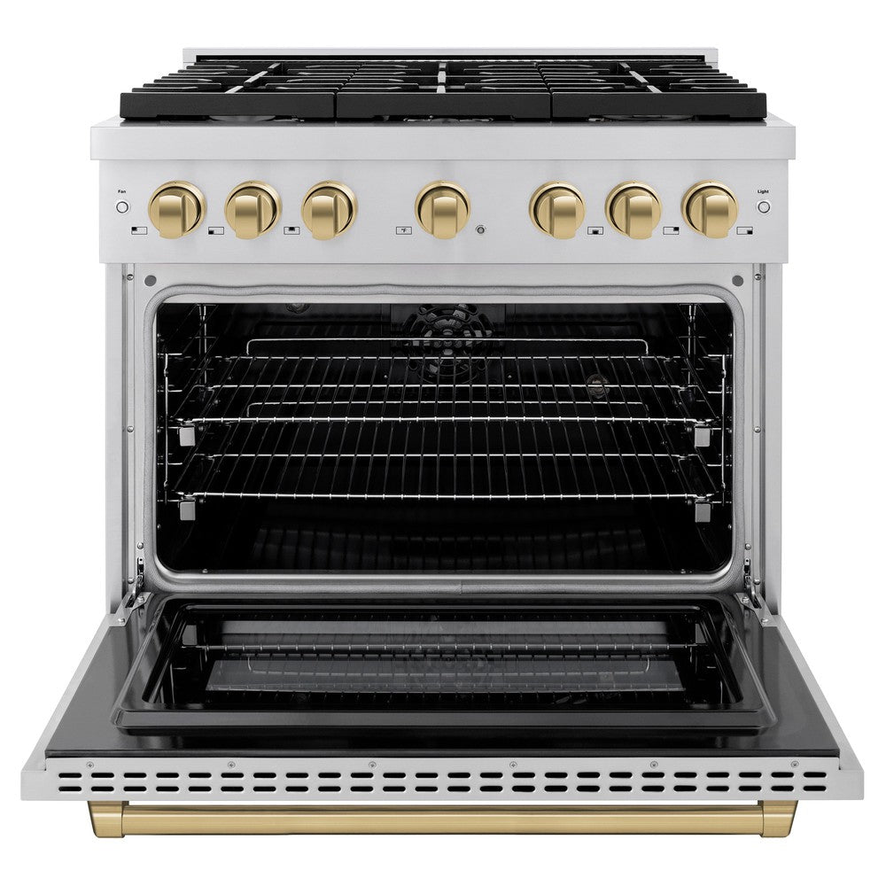 ZLINE Autograph Edition 36 in. 5.2 cu. ft. Paramount Dual Fuel Range with 6 Burner Gas Cooktop and Electric Convection Oven in Stainless Steel with Champagne Bronze Accents (SDRZ-36-CB) front, oven open.