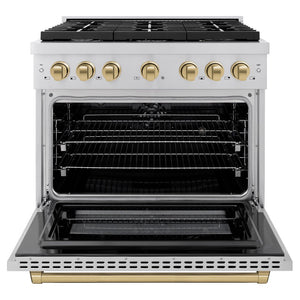 ZLINE Autograph Edition 36 in. 5.2 cu. ft. Paramount Dual Fuel Range with 6 Burner Gas Cooktop and Electric Convection Oven in Stainless Steel with Champagne Bronze Accents (SDRZ-36-CB) front, open.