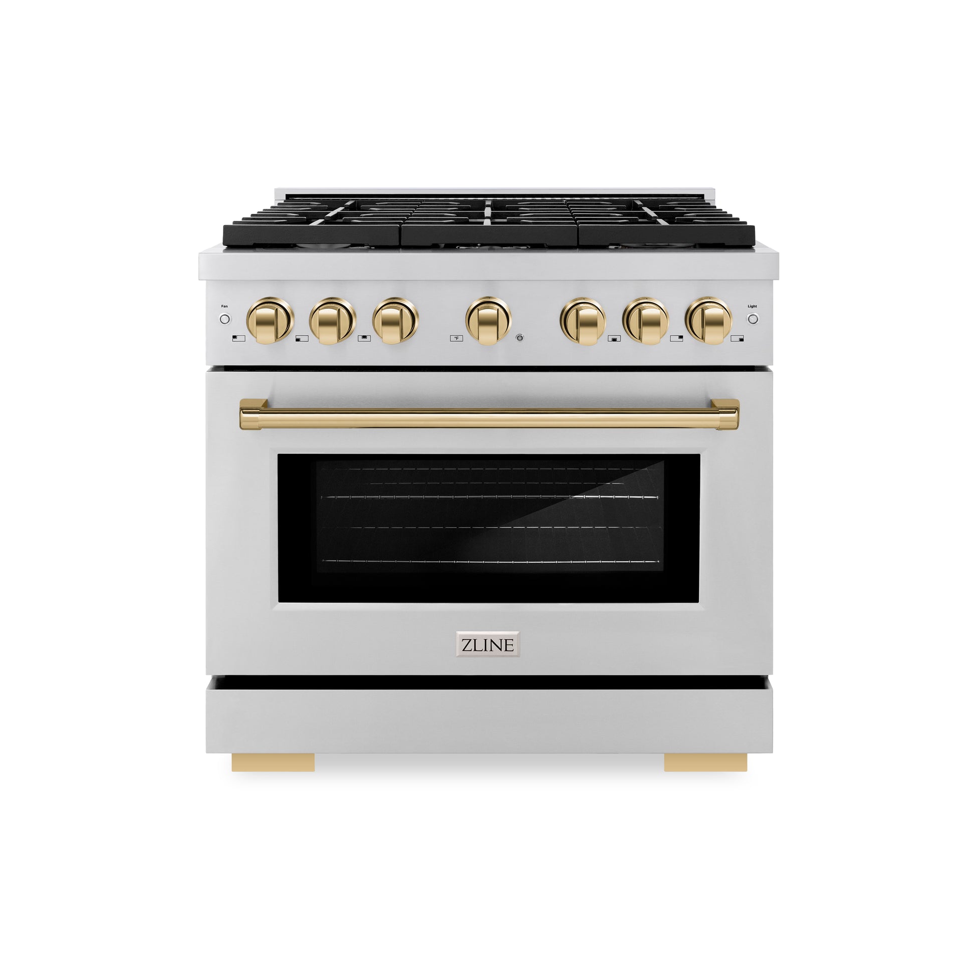 ZLINE Autograph Edition 36 in. 5.2 cu. ft. Paramount Dual Fuel Range with 6 Burner Gas Cooktop and Electric Convection Oven in Stainless Steel with Polished Gold Accents (SDRZ-36-G) front.