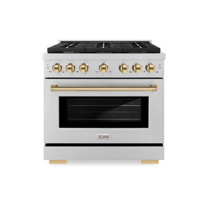 ZLINE Autograph Edition 36 in. 5.2 cu. ft. Paramount Dual Fuel Range with 6 Burner Gas Cooktop and Electric Convection Oven in Stainless Steel with Polished Gold Accents (SDRZ-36-G) front, oven closed.