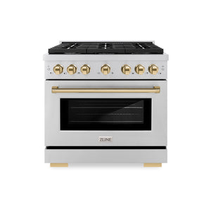 ZLINE Autograph Edition 36 in. 5.2 cu. ft. Paramount Dual Fuel Range with 6 Burner Gas Cooktop and Electric Convection Oven in Stainless Steel with Polished Gold Accents (SDRZ-36-G) front.