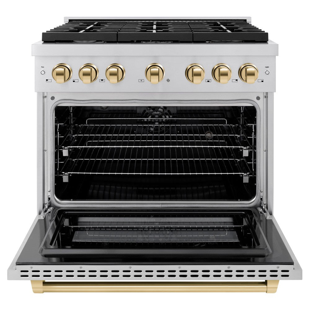 ZLINE Autograph Edition 36 in. 5.2 cu. ft. Paramount Dual Fuel Range with 6 Burner Gas Cooktop and Electric Convection Oven in Stainless Steel with Polished Gold Accents (SDRZ-36-G) front, oven open.