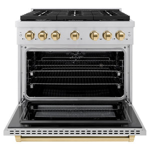 ZLINE Autograph Edition 36 in. 5.2 cu. ft. Paramount Dual Fuel Range with 6 Burner Gas Cooktop and Electric Convection Oven in Stainless Steel with Polished Gold Accents (SDRZ-36-G) front, open.