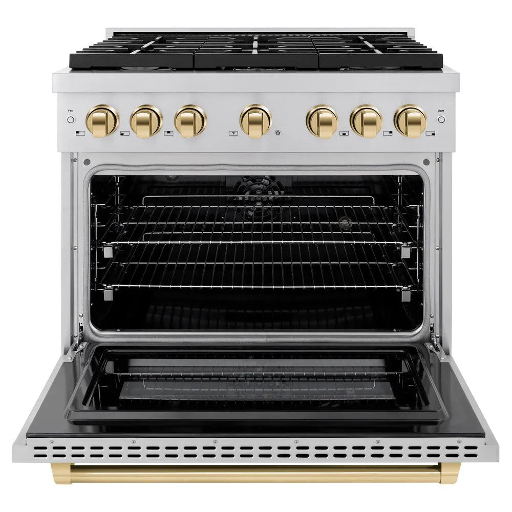 ZLINE Autograph Edition 36 in. 5.2 cu. ft. Paramount Dual Fuel Range with 6 Burner Gas Cooktop and Electric Convection Oven in Stainless Steel with Polished Gold Accents (SDRZ-36-G) front, open.
