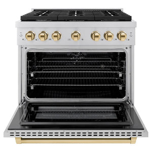 ZLINE Autograph Edition 36 in. 5.2 cu. ft. Paramount Dual Fuel Range with 6 Burner Gas Cooktop and Electric Convection Oven in Stainless Steel with Polished Gold Accents (SDRZ-36-G) front, open.