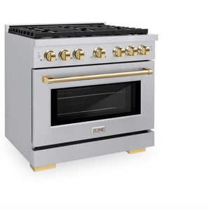 ZLINE Autograph Edition 36 in. 5.2 cu. ft. Paramount Dual Fuel Range with 6 Burner Gas Cooktop and Electric Convection Oven in Stainless Steel with Polished Gold Accents (SDRZ-36-G) side, oven closed.