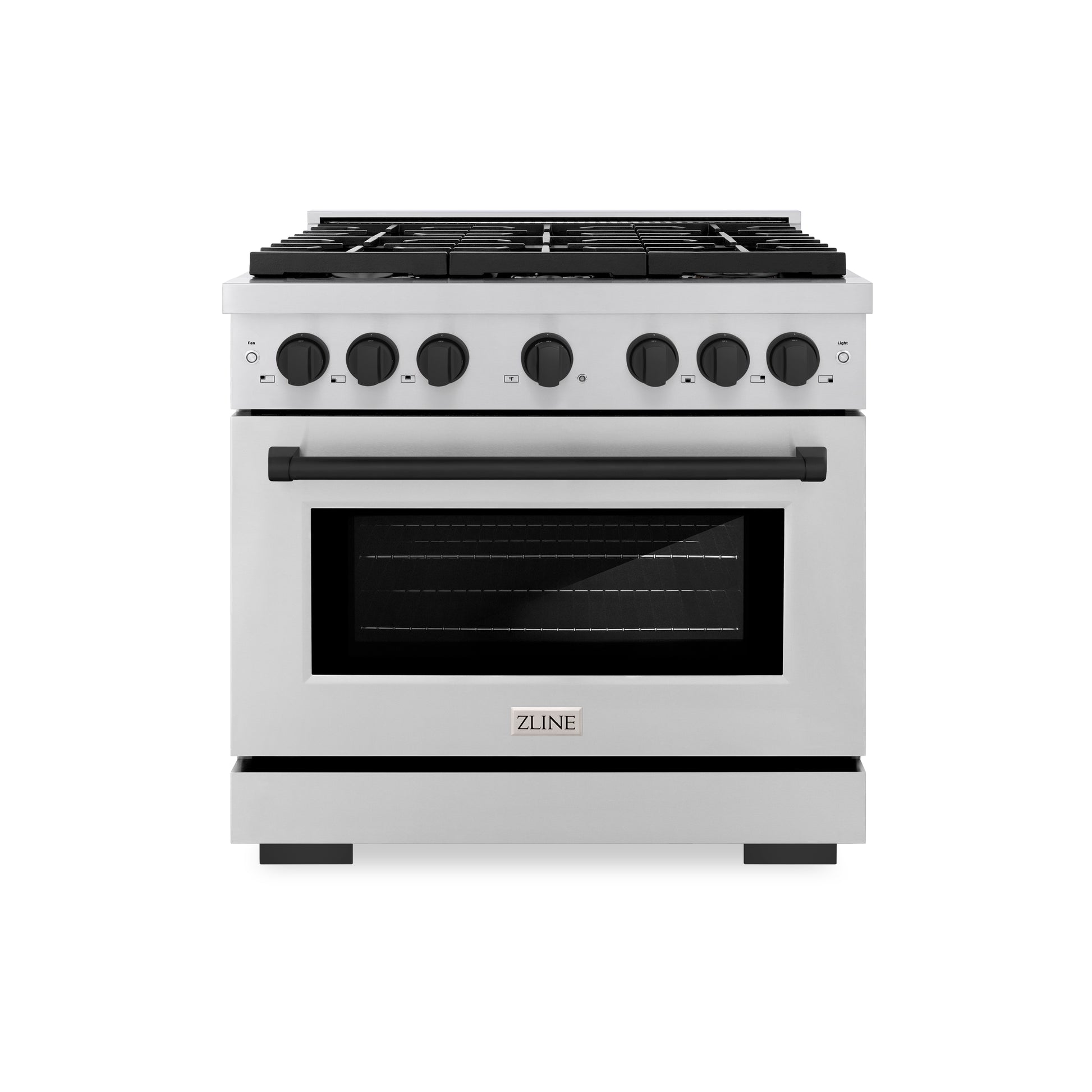 ZLINE Autograph Edition 36 in. 5.2 cu. ft. Paramount Dual Fuel Range with 6 Burner Gas Cooktop and Electric Convection Oven in Stainless Steel with Matte Black Accents (SDRZ-36-MB) front.