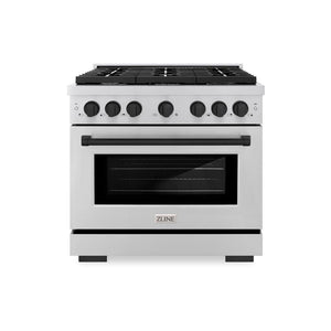 ZLINE Autograph Edition 36 in. 5.2 cu. ft. Paramount Dual Fuel Range with 6 Burner Gas Cooktop and Electric Convection Oven in Stainless Steel with Matte Black Accents (SDRZ-36-MB) front, oven closed.