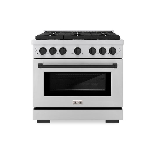 ZLINE Autograph Edition 36 in. 5.2 cu. ft. Paramount Dual Fuel Range with 6 Burner Gas Cooktop and Electric Convection Oven in Stainless Steel with Matte Black Accents (SDRZ-36-MB) front, oven closed.