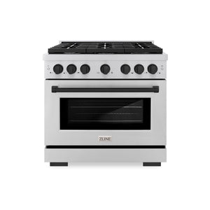 ZLINE Autograph Edition 36 in. 5.2 cu. ft. Paramount Dual Fuel Range with 6 Burner Gas Cooktop and Electric Convection Oven in Stainless Steel with Matte Black Accents (SDRZ-36-MB) front.