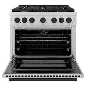 ZLINE Autograph Edition 36 in. 5.2 cu. ft. Paramount Dual Fuel Range with 6 Burner Gas Cooktop and Electric Convection Oven in Stainless Steel with Matte Black Accents (SDRZ-36-MB) front, open.