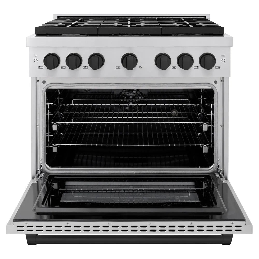 ZLINE Autograph Edition 36 in. 5.2 cu. ft. Paramount Dual Fuel Range with 6 Burner Gas Cooktop and Electric Convection Oven in Stainless Steel with Matte Black Accents (SDRZ-36-MB) front, open.
