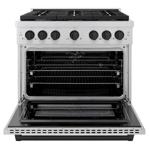 ZLINE Autograph Edition 36 in. 5.2 cu. ft. Paramount Dual Fuel Range with 6 Burner Gas Cooktop and Electric Convection Oven in Stainless Steel with Matte Black Accents (SDRZ-36-MB) front, open.