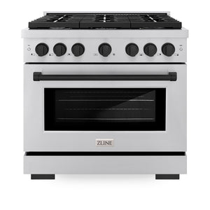 ZLINE Autograph Edition 36 in. 5.2 cu. ft. Paramount Dual Fuel Range with 6 Burner Gas Cooktop and Electric Convection Oven in Stainless Steel with Matte Black Accents (SDRZ-36-MB) front, oven closed.