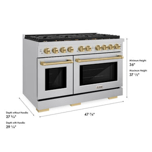 ZLINE Autograph Edition 48 in. 6.7 cu. ft. Paramount Double Oven Dual Fuel Range with 8 Burner Gas Cooktop in Stainless Steel and Champagne Bronze Accents (SDRZ-48-CB) dimensional diagram.