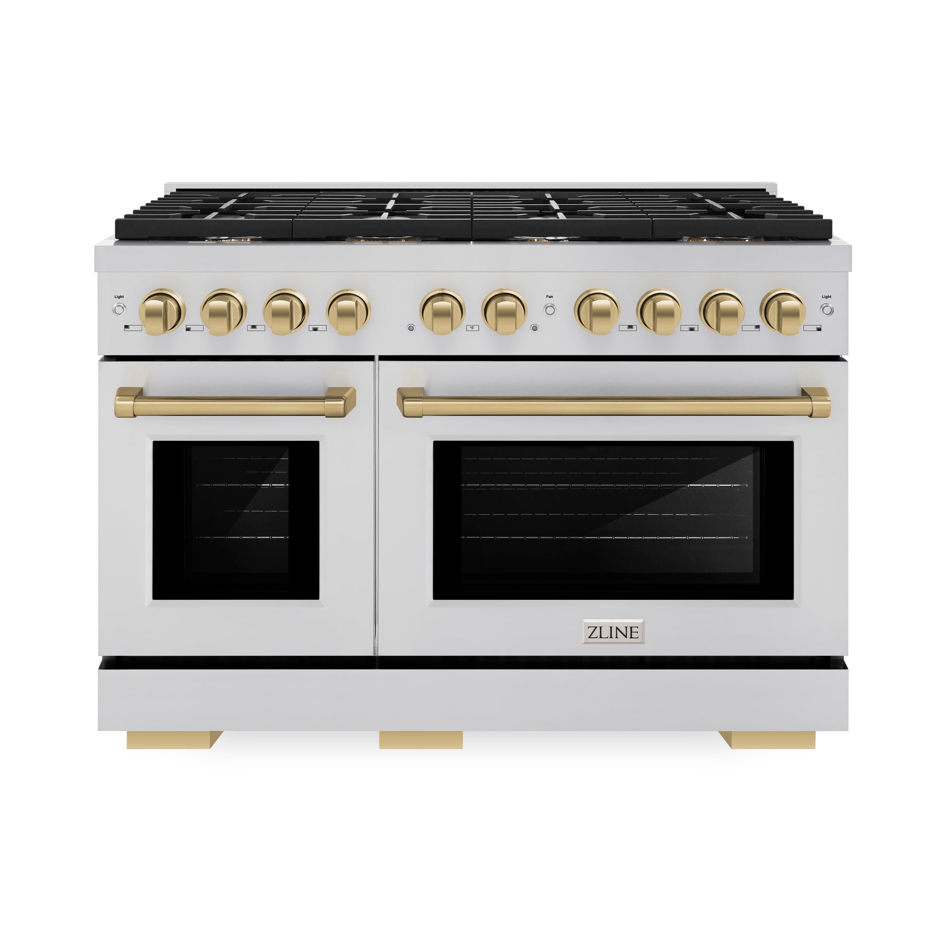 ZLINE Autograph Edition 48 in. 6.7 cu. ft. Paramount Double Oven Dual Fuel Range with 8 Burner Gas Cooktop in Stainless Steel and Champagne Bronze Accents (SDRZ-48-CB) front.