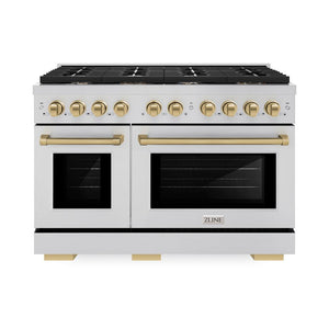 ZLINE Autograph Edition 48 in. 6.7 cu. ft. Paramount Double Oven Dual Fuel Range with 8 Burner Gas Cooktop in Stainless Steel and Champagne Bronze Accents (SDRZ-48-CB) front, oven closed.