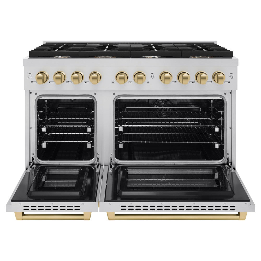 ZLINE Autograph Edition 48 in. 6.7 cu. ft. Paramount Double Oven Dual Fuel Range with 8 Burner Gas Cooktop in Stainless Steel and Champagne Bronze Accents (SDRZ-48-CB) front, oven open.