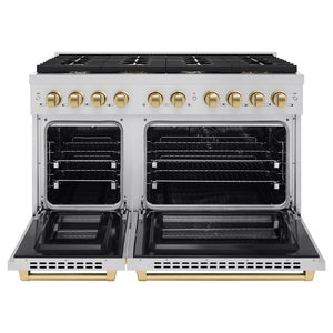 ZLINE Autograph Edition 48 in. 6.7 cu. ft. Paramount Double Oven Dual Fuel Range with 8 Burner Gas Cooktop in Stainless Steel and Champagne Bronze Accents (SDRZ-48-CB) front, open.