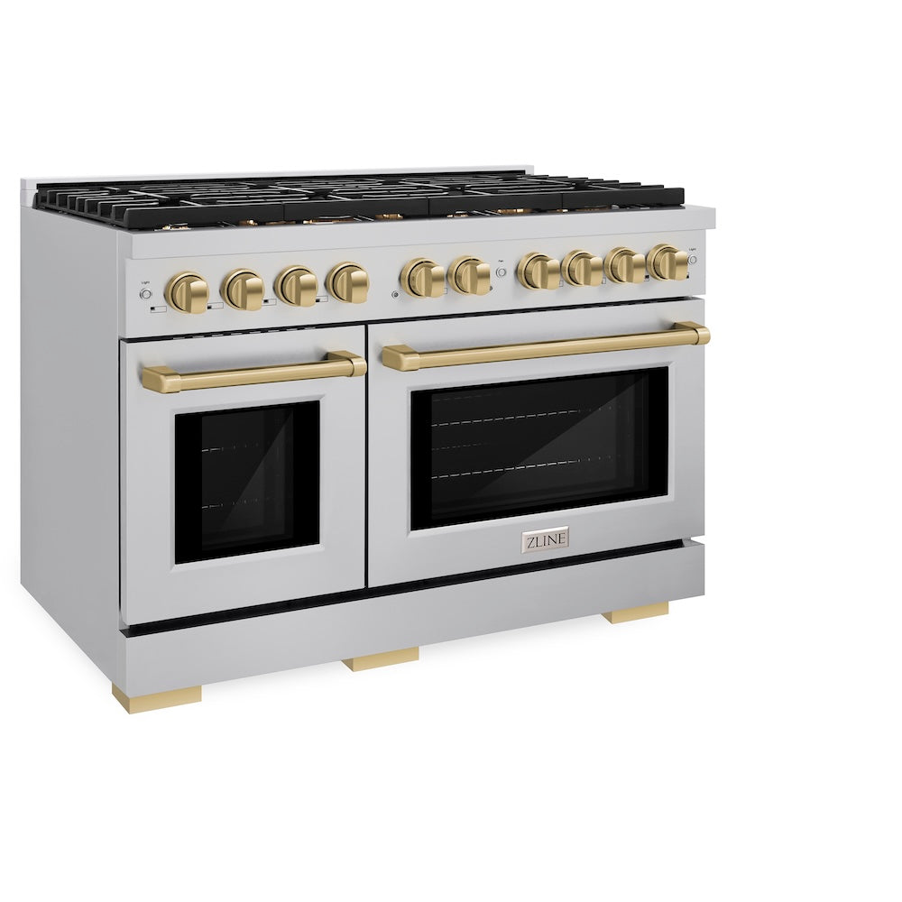 ZLINE Autograph Edition 48 in. 6.7 cu. ft. Paramount Double Oven Dual Fuel Range with 8 Burner Gas Cooktop in Stainless Steel and Champagne Bronze Accents (SDRZ-48-CB) side.
