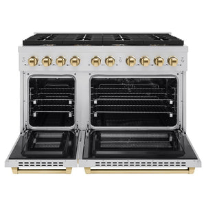 ZLINE Autograph Edition 48 in. 6.7 cu. ft. Paramount Double Oven Dual Fuel Range with 8 Burner Gas Cooktop in Stainless Steel and Polished Gold Accents (SDRZ-48-G) front, open.