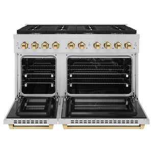 ZLINE Autograph Edition 48 in. 6.7 cu. ft. Paramount Double Oven Dual Fuel Range with 8 Burner Gas Cooktop in Stainless Steel and Polished Gold Accents (SDRZ-48-G) front, oven open.