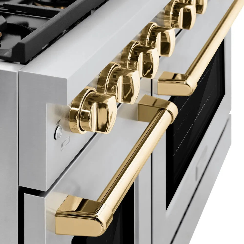 ZLINE Autograph Edition 48 in. 6.7 cu. ft. Paramount Double Oven Dual Fuel Range with 8 Burner Gas Cooktop in Stainless Steel and Polished Gold Accents (SDRZ-48-G) oven door slightly open showing handle detail.