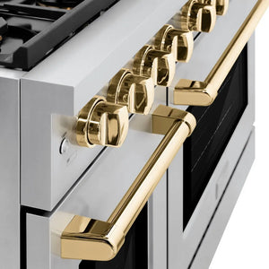 ZLINE Autograph Edition 48 in. 6.7 cu. ft. Paramount Double Oven Dual Fuel Range with 8 Burner Gas Cooktop in Stainless Steel and Polished Gold Accents (SDRZ-48-G) oven door slightly open showing handle detail.