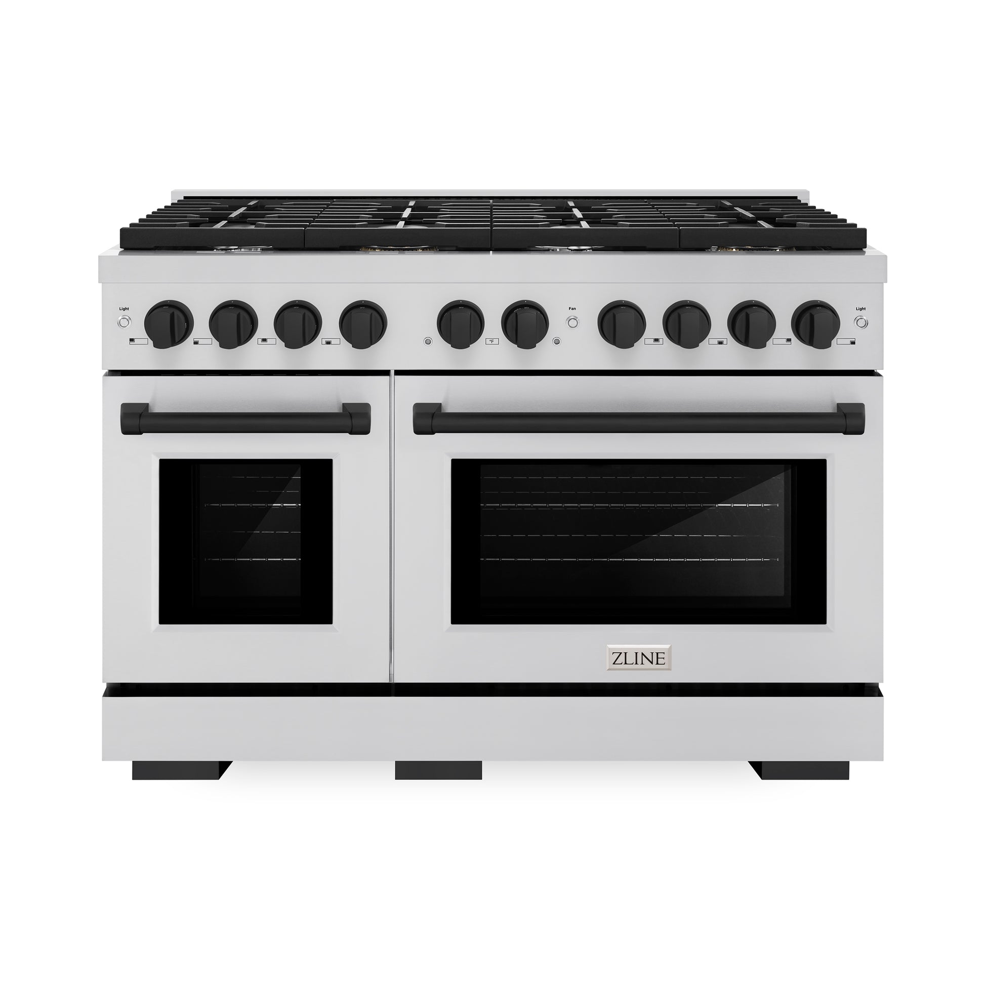 ZLINE Autograph Edition 48 in. 6.7 cu. ft. Paramount Double Oven Dual Fuel Range with 8 Burner Gas Cooktop in Stainless Steel and Matte Black Accents (SDRZ-48-MB) front.