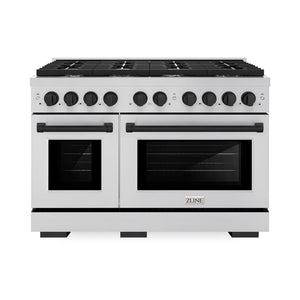 ZLINE Autograph Edition 48 in. 6.7 cu. ft. Paramount Double Oven Dual Fuel Range with 8 Burner Gas Cooktop in Stainless Steel and Matte Black Accents (SDRZ-48-MB) front, oven closed.
