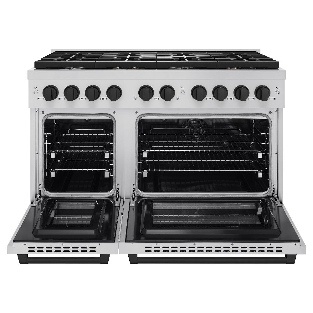 ZLINE Autograph Edition 48 in. 6.7 cu. ft. Paramount Double Oven Dual Fuel Range with 8 Burner Gas Cooktop in Stainless Steel and Matte Black Accents (SDRZ-48-MB) front, oven open.